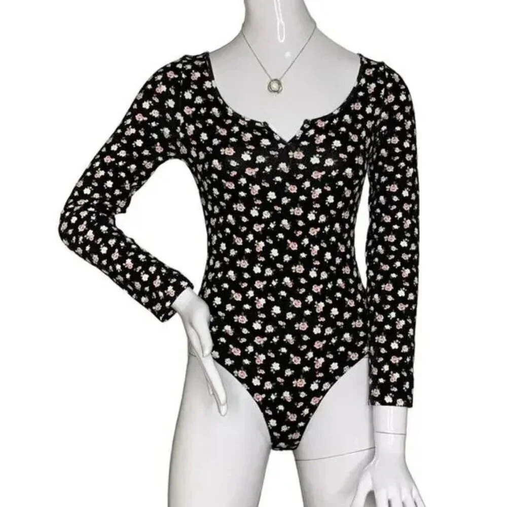 PINK Victoria's Secret Black Floral Bodysuit